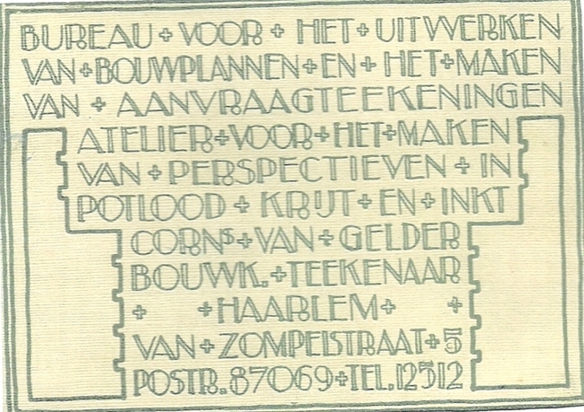 Visitekaartje van Cornelis van Gelder als bouwkundig tekenaar
<br/>
website Librariana, onbekend